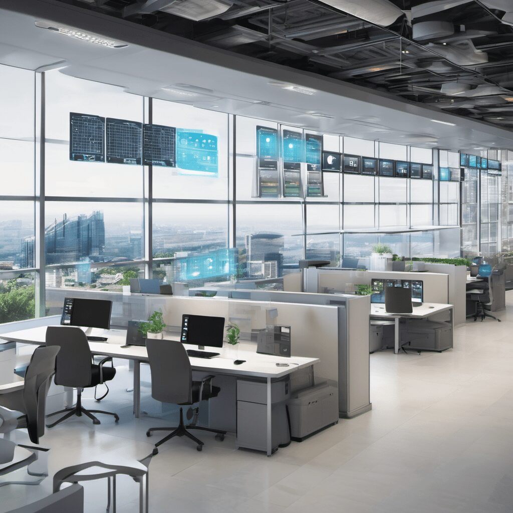 Modern open-plan office with multiple workstations and panoramic city views.