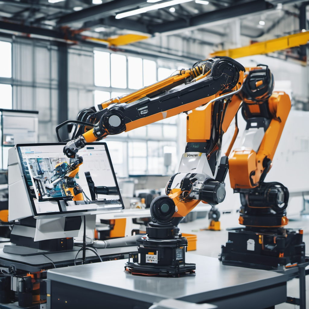 Industrial robotic arm assembling a device in a modern factory.