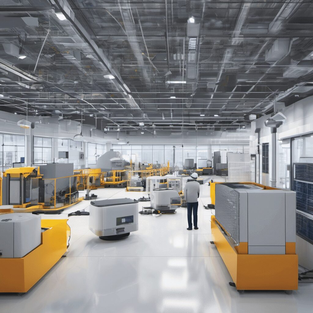 Modern factory floor with automated machinery and a worker.