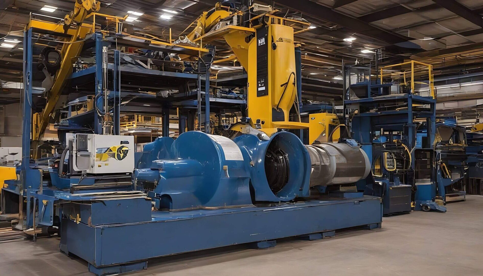 Industrial machinery with a large blue motor and yellow robotic arm in a factory setting.