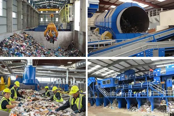 Various stages of a recycling facility processing waste materials.